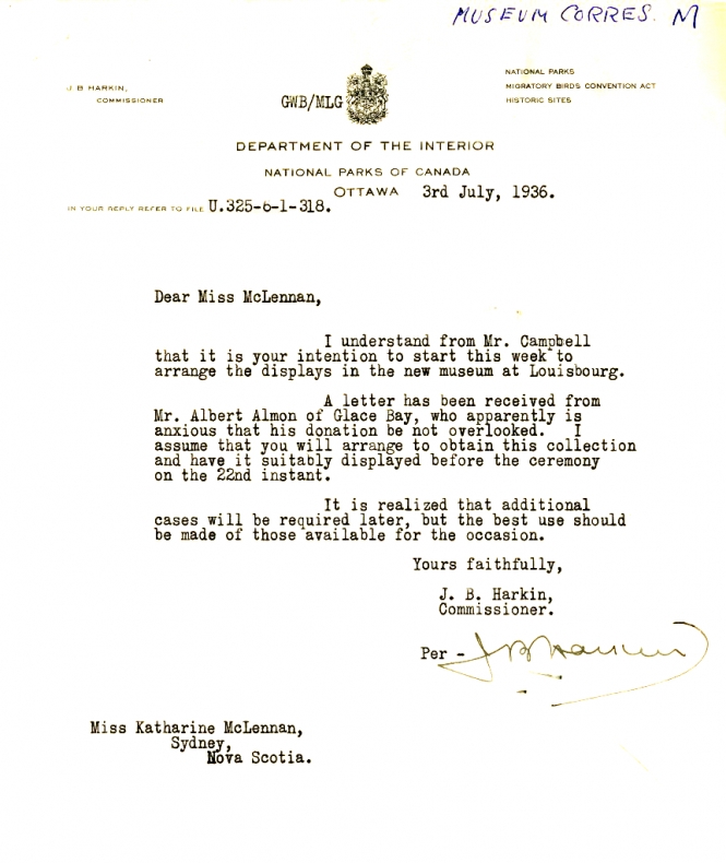 Letter from J.B. Harkin to Katharine McLennan